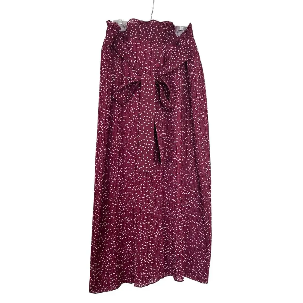 Zara Burgundy Red Polka Dot Print Pleated Tie Waist Maxi Skirt Size XL